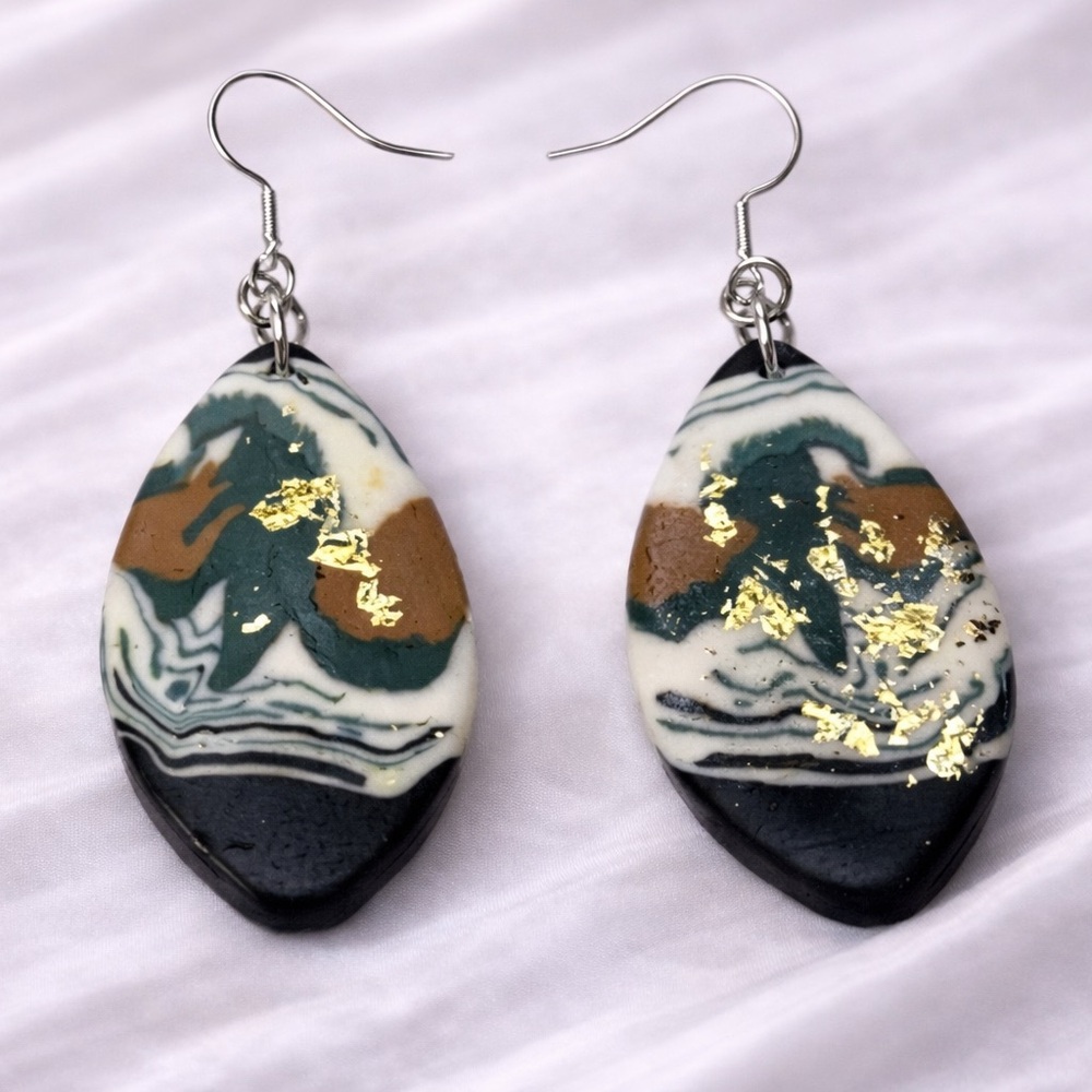 Handmade Polymer Clay earrings, with Gold Foil, Horse Eye, Cadet Blue, 39.5x19.5